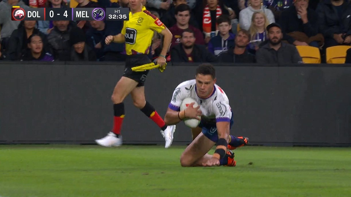 Will Warbrick of the Storm scores a try during the NRL Round 12 match  between the Redcliffe Dolphins and the Melbourne Storm at Suncorp Stadium  in Brisbane, Saturday, May 20, 2023. (AAP