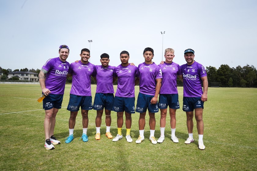 Storm stars Cameron Munster and Jahrome Hughes with Storm junior rep players (Delacruz Ripley (U21s), Burnham Salesa (U19s), Jayden Matatumua (U17s), Sefita Tauali’I (U17s), Eli Morris (U21s))